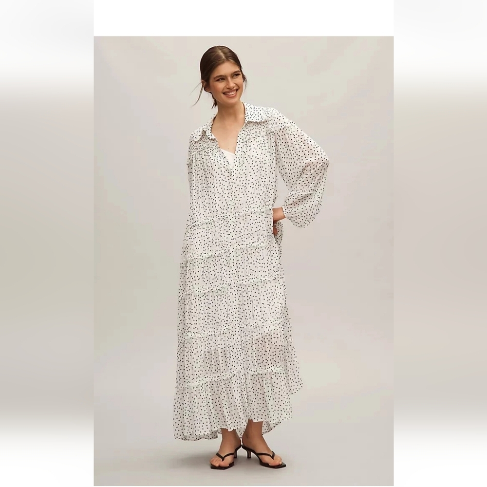 Anthropologie Black & White Smocked Tiered Polka Dot Sheer Maxi Dress Medium